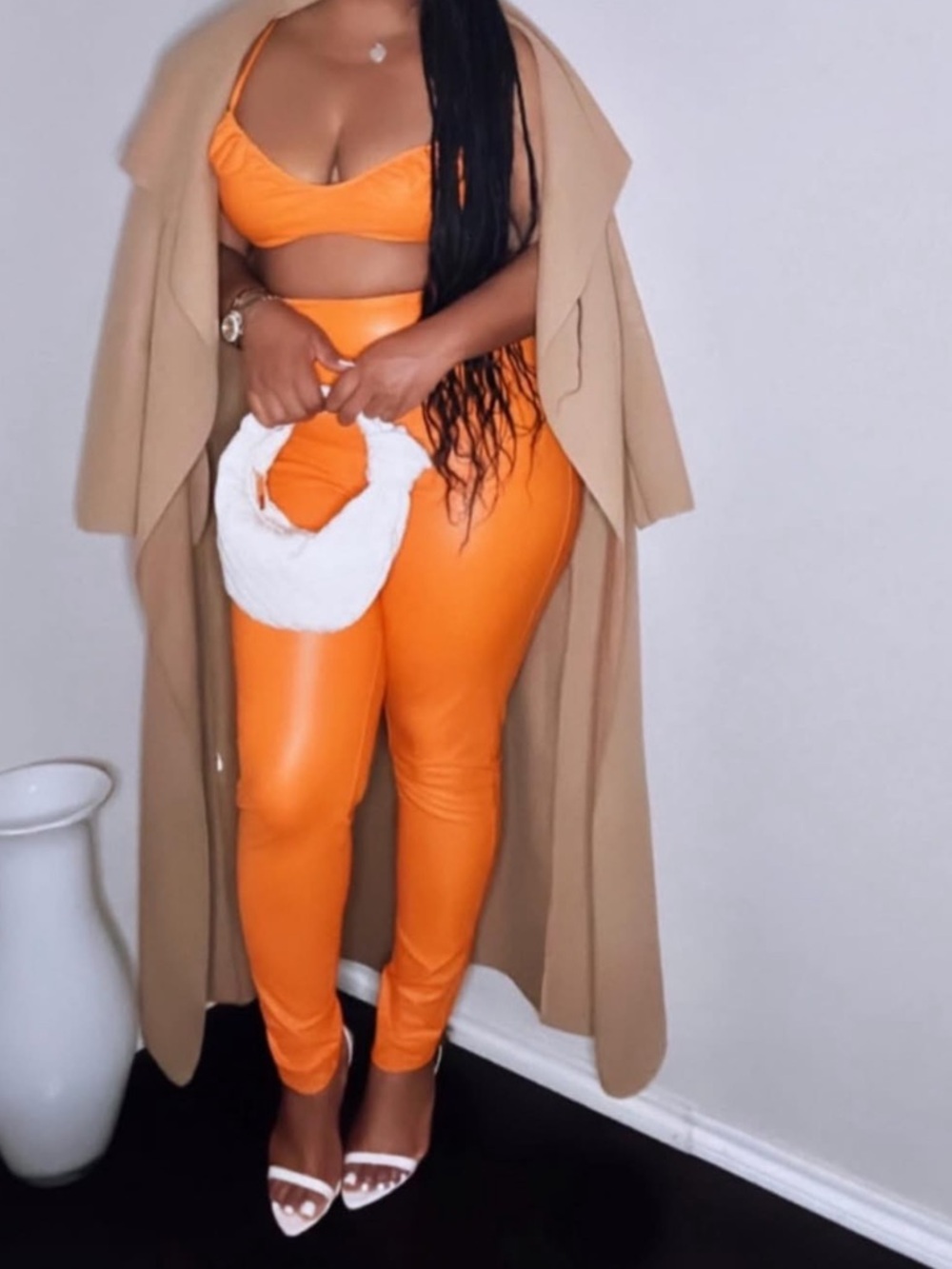 Naked Wardrobe High-Waist Orange Faux Leather Leggings